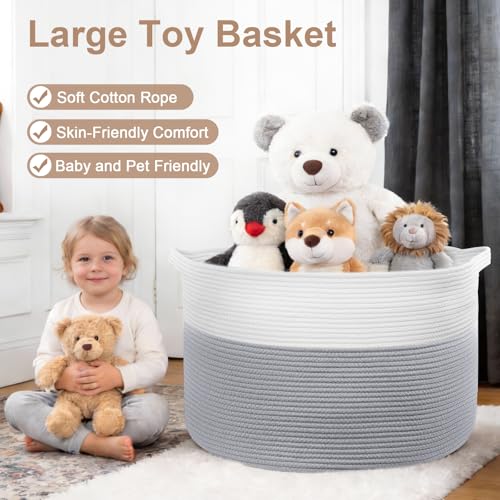XXXL Large Laundry Basket, 105L Soft Cotton Rope Basket, Blanket Storage and Organizers, Baby Nursery Laundry Hamper, Extra Large Toys Storage Bins for Kids 23.6'' x 14.6'', White & Gray - color: Gray & White, size: 105L