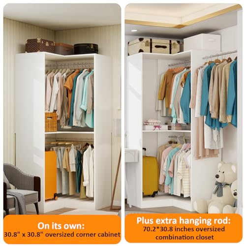 Vomavex Corner Closet System with 3 Hanging Rods, 30.8”-70.2” L Shaped Freestanding Closet Organizer for Walkin Closet, Corner Wardrobe, White