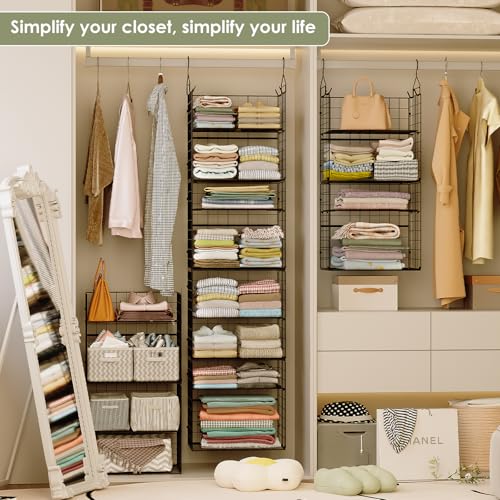 Hanging Closet Organizer and Storage - 8 Tier Closet Hanging Organizer Shelves, Metal & Foldable Hanging Storage Organizer Baskets with Adjustable Dividers for Clothing Sweaters Shoes Handbags - color: Black, size: 8-Tier