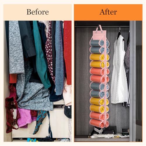 Lirex Hanging Yoga Legging Storage Organizer with 24 Pockets, Foldable Oxford Cloth Hanging Closet Organizer Shirts Jeans Storage Hanger Socks Holder for Family Closet Bedroom, Pink - color: Pink