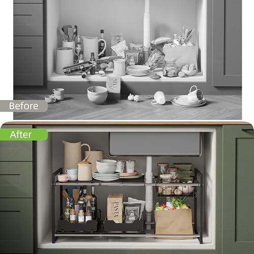 NETEL Under Sink Organizers and Storage,Kitchen Cabinet Organizer,2 Tier Under Sink Expandable Shelves，Bathroom Cabinet Organizer with Pull Out Drawers,(30.9-31.64)" W x 14.69" D x 15.83" H,Black - size: Multi-functional with 2 pull out baskets