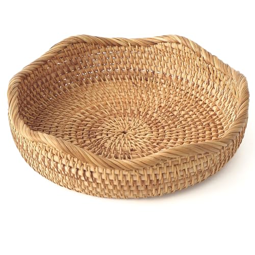 HITOMEN Handmade Rattan Bread Baskets Round Wicker Fruit Serving Storage Bowls, Natural Woven Decorative Kitchen Counter Organizing (Honey Brown) S-8.7" - size: Small