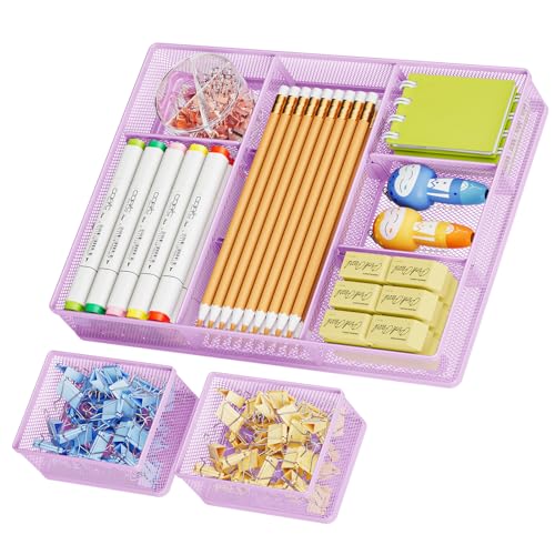 Marbrasse 3 Packs Desk Drawer Organizers, Metal Mesh Dividers with 9 Adjustable Compartments, Pen Organizer for Drawer Tray Box Accessories for Desktop,Kitchen, Makeup(Purple) - color: Purple