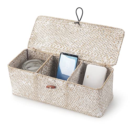 Seagrass Storage Basket with Lid Rectangular Small Woven Shelf Baskets with Sections for Organize Snack Toys Whitewash - color: Whitewash 3 Sections
