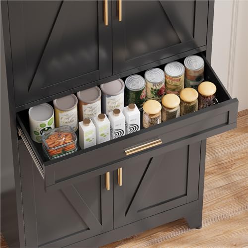 COFaR 71 in Tall Kitchen Pantry Cabinet with Drawer, Metal Pantry Storage Cabinet with 4 Adjustable Shelves and 4 Barn Doors, Freestanding Farmhouse Food Cupboard for Dining Room Garage, Black 6-Tier - color: Black, size: 71 Tall 4 Doors 1 Drawer-Farmhous