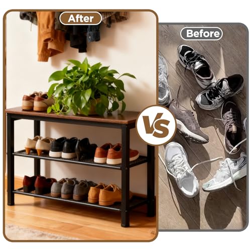 3-Tier Shoe Rack Bench, Hardwood & Alloy Steal Entryway Storage Organizer for Front Door Entrance, Bedroom, Living Room, 300lb Capacity (3-Tier Shoe Bench (Metal Mesh)) - size: 3-Tier Shoe Bench (Metal Mesh)