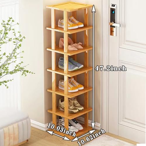 Bamboo Shoe Rack - Vertical Shoe Rack for Small Spaces, Tall Narrow Shoe Rack Organizer for Closet Entryway Corner Garage and Bedroom,Skinny Shoe Shelf Free Stackable DIY - Space Saving Storage - color: Original Color, size: 7-tier