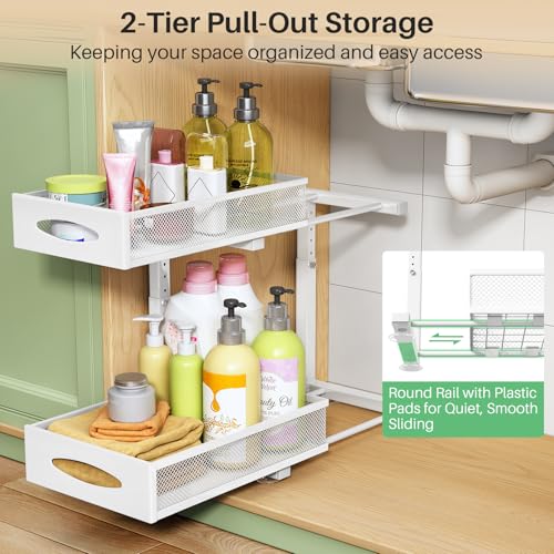 Under Sink Organizer, 2 Pack 2 Tier Pull out Cabinet Organizer Baskets with Mesh Sliding Drawers, Slide out Sink Storage Shelves for Kitchen, Bathroom, Pantry, Cabinet Organizers and Storage(White) - color: White, size: 2 Pack