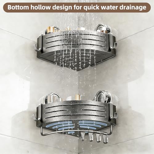 Corner Shower Caddy,Suction Cup Shower Bathroom Wall Shelf,No Drill Rust Proof Aluminum Organizer with Hooks,Floating Rack for Inside (Suction Cup Corner Shower Caddy,2 Tier,Gray) - style: Suction Cup Corner Shower Caddy ,2 Tier ,Gray