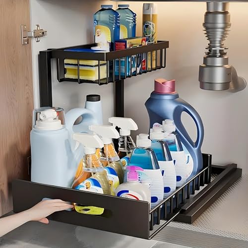 INNOVATIVE LIFE Under Sink Organizer, 1 Pack 2 Tier Under Sink Organizers and Storage, Slide Out Pull Out Cabinet Organizer Shelf, Metal Sliding Drawer for Kitchen， Bathroom，Black - size: Black (1 Pack)