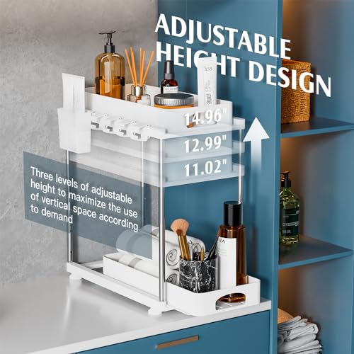 VERIFOST 2 Pack Under Sink Organizers and Storage, Double Sliding Kitchen Cabinet Organizer, 2 Tier Height Adjustable Countertop Organizer for Kitchen Bathroom Laundry, White - color: White