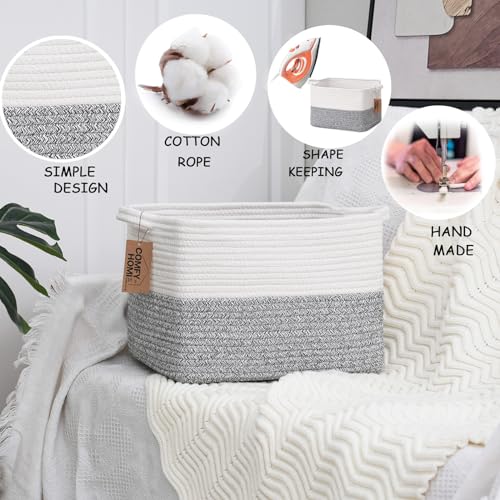 COMFY-HOMI Cotton Rope Woven Basket with Handles for Shelves,Toys,Book, Cloth Storage Baskets Bin for Organizing-13.5"x11"x9.5" Toy Decorative Organizer for Living Room, Bathroom-White/Grey - color: White/Grey, size: 13.5"X11"X9.5"