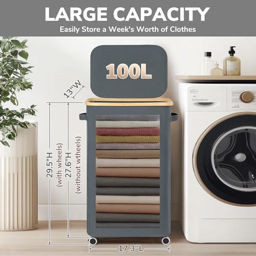 Goodpick Laundry Basket with Wheels, Large Rolling Laundry Hamper Slim Clothes Hampers with Removable Wash Bag Collapsible Dirty Clothes Basket with Lid, 100L, Gray - color: Gray, size: 100L (17.3"L x 13"W x 29.5"H)