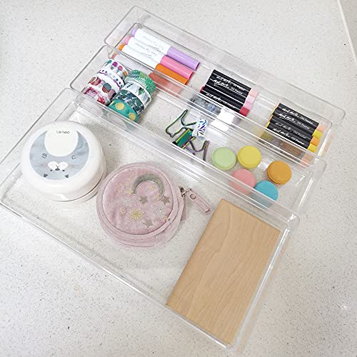LotFancy Clear Drawer Organizers, 12” x 3” x 2”, Set of 3, Drawer Organizer Trays for Desk, Plastic Storage Bins for Bathroom, Makeup, Utensils, Stackable - size: 12x3x2''