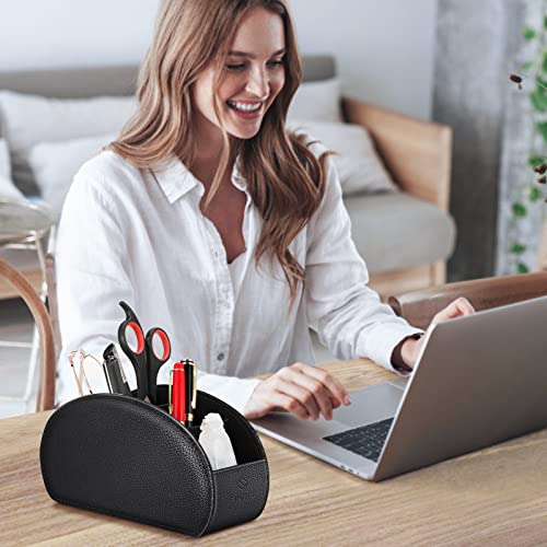 Fintie Remote Control Holder, 5 Compartments Vegan Leather TV Remoter Caddy Desktop Organizer Makeup Brush Holder Storage Fits TV Remotes, Media Controllers, Office Supplies(Black) - color: Black