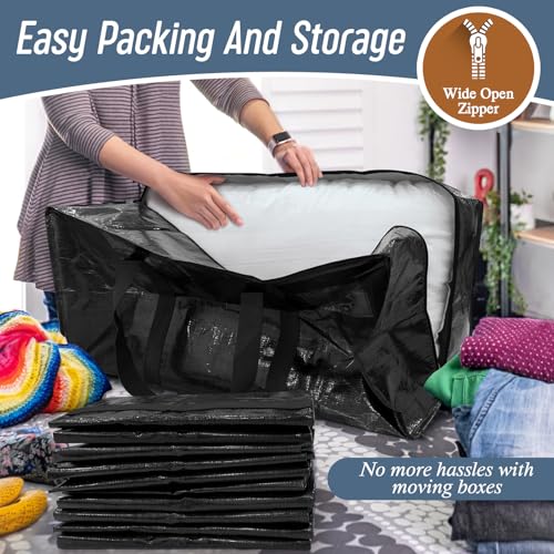 12 Pack Extra Heavy Duty Large Moving Bags with Strong Zipper & Comfortable Handles, Sturdy & Durable Clothes Storage Bags Totes Bins, Packing Moving Boxes for College Supplies, Black - color: Black, size: 12 Pack