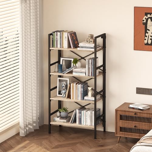 Homeiju Folding Bookshelf,4 Tier Bookcase Foldable Shelf with X-Bracket Design, Adjustable Feet, Space Saving Storage for Living Room, Office, Brownish - color: Brownish, size: 4 Tier
