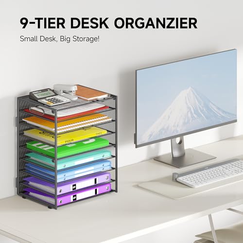 Cawukege 9 Tier Paper Organizer with Handle, Large Capacity Desk Organizer Mesh Paper Letter Tray File Folder Document Sorter for Classroom and Office Accessories Organization- Grey (2 Pack) - color: 2 Pack - Grey