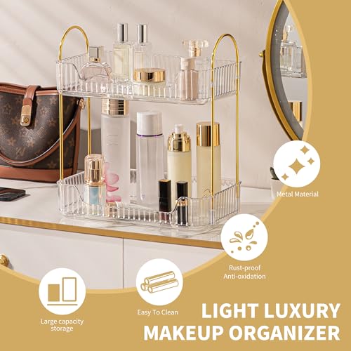 YCIA&DONE Bathroom Organizer Countertop, Makeup Storage, Skincare Cosmetic Tray Shelf, Perfume Holder Rack for Vanity Counter, Large Capacity, Easy to Install, Clean, 2 Tiers, Clear White - color: Clear White, size: 2-Tier