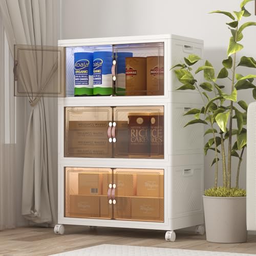 UAMFURI Extra Large Stackable Storage Bins with Lids & Wheels, 360QT-120QT/30GAL*3Pack Foldable Collapsible Closet Organizers Storage Cabinet with Doors for Bedroom Dorm - color: white, size: 3PACK-25"W16"D45"H