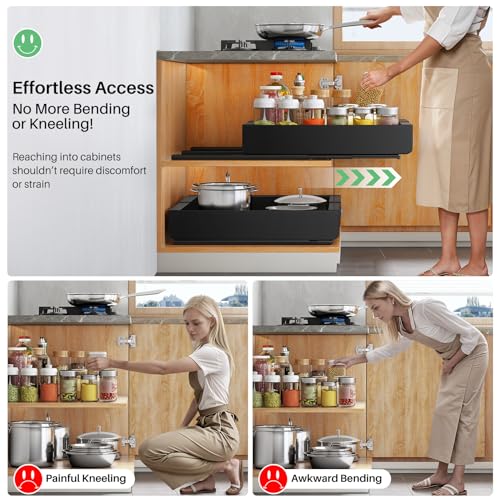 Kitstorack Pull out Cabinet Organizer, Expandable(12"-20") Heavy Duty Slide out Drawer Fixed with Adhesive Nano Film for Pots, Roll out Shelf Storage for Kitchen Base Organization(2-Pack) - color: Black, size: 17"D×12"-20"W(2 Pack)
