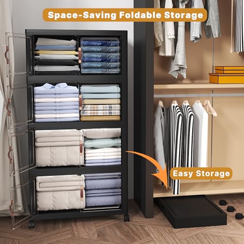 UAMFURI Extra Large Stackable Storage Bins with Lids & Wheels, 480QT-120QT/30GAL*4Pack Foldable Collapsible Closet Organizers Storage Cabinet with Doors for Bedroom Dorm - color: Black, size: 4PACK-25"W16"D58"H