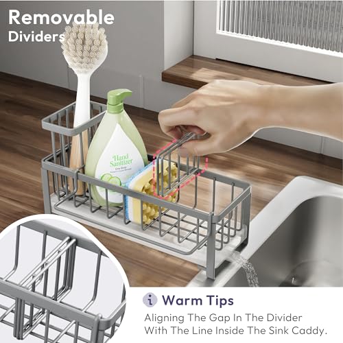 SWTYMIKI Sponge Holder for Kitchen Sink - Sink Caddy with Brush Holder Self-draining Sponge Caddy Organizer with Divider Stainless Steel Kitchen Accessories Storage for Countertop, Gray - color: Gray