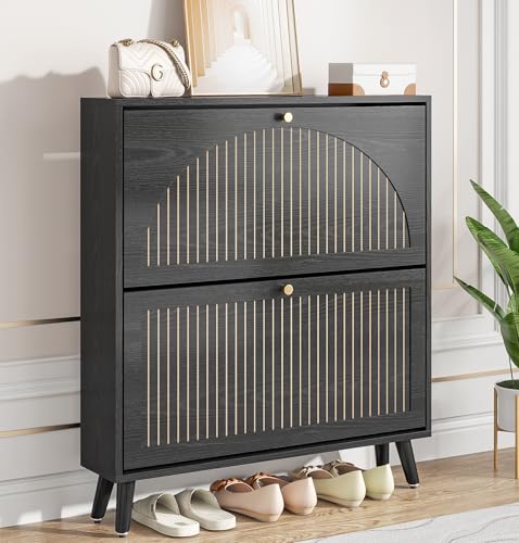 Fsbecl Shoe Storage Cabinet for Entryway with 2 Flip Drawers, Narrow Wood Shoe Cabinet with Fluted Panel, Freestanding Hidden Shoe Organizer for Foyer, Hallway (Black - No Shelf) - color: Black - No Shelf