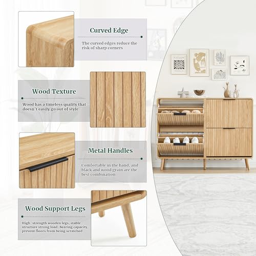 FurSch 47" Fluted Large Shoe Cabinet with 4 Flip Drawers, Slim Freestanding Shoe Cabinet Organizer, Narrow Shoes Storage Rack for Entryway, 5 Sturdy Legs (All Natural, 9.45" D x 47.24" W x 35.83" H) - color: All Natural, size: 4 Drawers