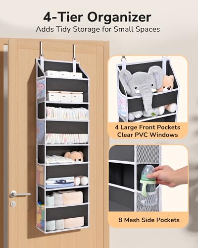ULG 2 Pack Small Over Door Organizer with 4 Large Pockets 8 Mesh Side Pockets, Hanging Storage Organizer with Clear Window Kids Toys Deep Gray - color: Dark Grey, size: 2 Pack-4 Tier