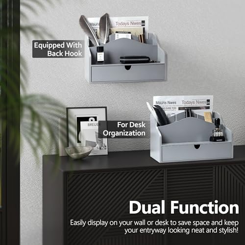 Rebee Vision Pine Wood Mail Organizer for Desk - Minimalist Rustic Style Countertop Mail Sorter for Letters, Files & Magazine - Wooden Folder Organizer with Drawer for Office Desk & Home Decor (Gray) - color: A-Gray