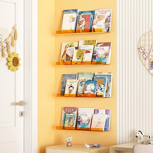 upsimples Acrylic Shelves for Wall Decor, 15" Display Shelf Perfume Organizer for Bathroom, Bedroom, Living Room, Floating Bookshelves for Kids, Clear Orange, 4 Pack - color: Orange