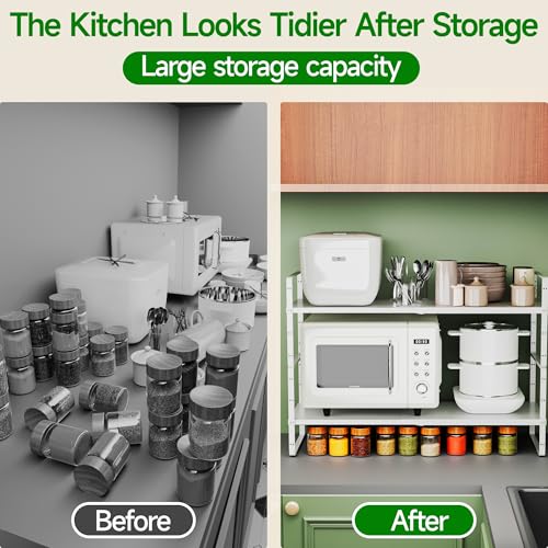 Expandable Cabinet Organizer Shelf, Adjustable Height Organizer Riser for Kitchen Cabinet Spice Rack Locker Pantry Cupboard Under Sink Countertop Desk Organization Metal Stackable Shelves - color: White-2pack