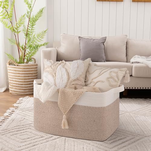 OIAHOMY Extra Large Blanket Basket, 95L Cotton Rope Woven Laundry Basket, Toy Bin for Baby Room, Container for Blanket Storage in Living Room, 24''×17''×14'', Brown & White - color: Brown & White, size: 95L