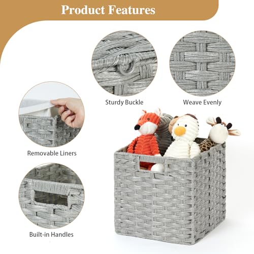 DULLEMELO Wicker Baskets With Liner Set of 4, 11x11x11 Inch Collapsible Storage Bins, Decorative Organizing Baskets, Light Grey - color: Light Grey, size: 11"-4 pack