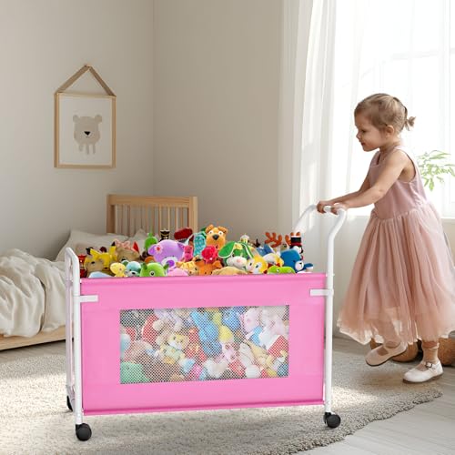 KEEGH Extra Large Toy Box for Kids with 360° Rotating Wheels, Heavy Duty Toy Chest for Boys and Girls, Toy Storage Organizer for Kids, Toy Bins for Living Room, Nursery, Bedroom (Pink) - color: Pink