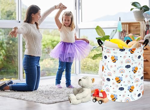 MAIZMZ Rainbow Bee Print Canvas Laundry Basket,Waterproof Storage Bin with Handles 15.7" D×19.7" H Foldable Toy Organizer Decor Gift Basket for Kids' Bedroom & Home Organization - color: Rainbow Bee