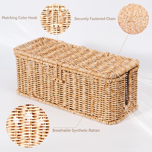 BROWNLILY Cable Management Box, Rattan Style Cord Organizer for Desk Cord Hider Outlet Covers Baby Proofing for Power Strip TV PC Router Charger Under Desk Storage with Lockable Lid and Cable Ties - color: Natural, size: Set (L+M)