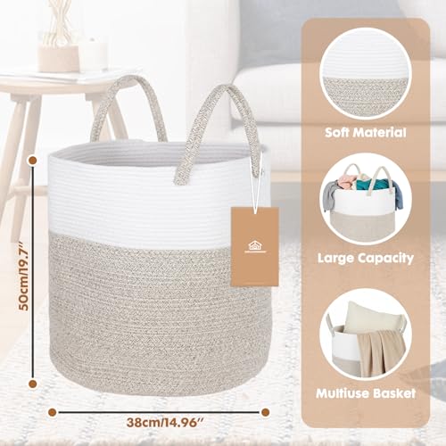 ShellKingdom Laundry Basket, Large Natural Rope Woven Storage Basket with Handles for Home, Living Room, Laundry, Storage Organizer for Blankets, Clothes, Toys, 19.7 x 14.96 INCH (2-Toned White Khaki) - color: 2-Toned White Khaki, size: 58L