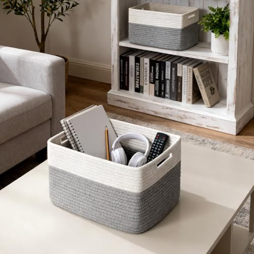 5 Pack Woven Storage Baskets for Shelves, Decorative Basket Closet Organizer Storage Bins for Clothes, Books, Pantry, Bathroom – Cotton Rope Shelf Baskets for Organizing and Decor, Gray & White - color: Gray & White