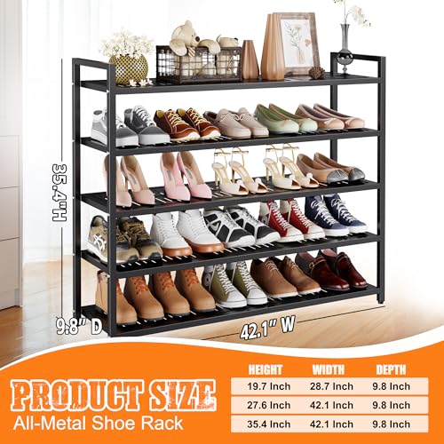 5-Tier Heavy Duty Metal Shoe Rack, 200 lbs Load Capacity Shoe Organizer with Reinforced Steel Tubes, No-Wobble Free Standing Shoe Shelf for Entryway, Closet, Bedroom, Dorm – Easy Assembly, Black - color: Black, size: 5Tier/35.4"H×42.1"W×9.8"D