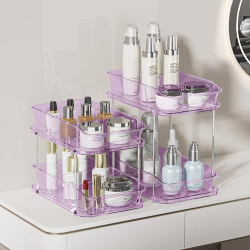 Delamu 2-Tier Under Sink Organizers and Storage, Multi-Purpose Stackable Bathroom Cabinet organizers, Pull Out Kitchen Pantry Organization and Storage with Dividers(2 Pack, Purple) - color: Purple, size: 2 Pack