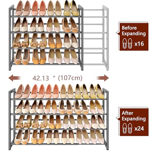 FAVOOSTY 4-Tier Expandable Shoe Rack, Adjustable Shoe Shelf Storage Organizer Space Saving Metal Free Standing Shoe Rack for Entryway Closet Doorway, Silver Grey - color: Silver Gray, size: 4 Tier