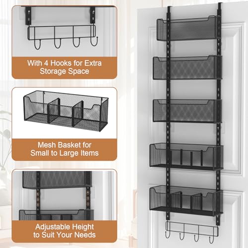 VyGrow Over The Door Organizer, Metal Door Organizer Hanging with 5 Adjustable Baskets and Coat Hook, Behind The Door Storage for Bedroom Closet Bathroom Pantry Cabinet Kitchen, Black - color: Black, size: 5-Tier