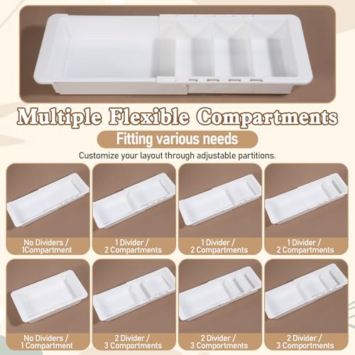 2Pcs Expandable Sliding Drawer Tray with Adjustable Dividers, White Plastic Deep Desk Drawer Dividers Organizers Expandable 11.4 to 18.1 Inches For Utensils Office Bathroom Bedroom Kitchen
