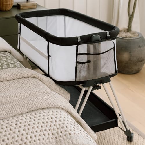Fodoss Baby Bassinet Bedside Sleeper with Wheels and Storage Tray,4-Sided Mesh Bedside Bassinet for Infant/Newborn,7 Height Adjustable Easy Folding Bedside Crib - color: Dark Grey Tweed