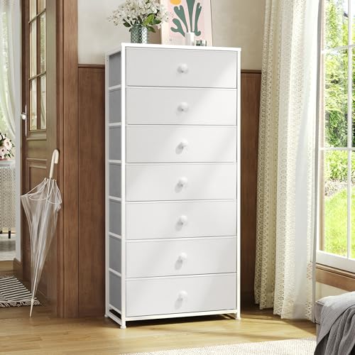 Crestlive Products Tall Dresser, 7-Drawer Wide Fabirc Storage Tower, Chests of Drawers - Vertical Organizer Unit for Bedroom, Hallway, Entryway, Nursery, Wood Top, Closets with Handles (White) - color: White, style: Wide-7 Drawers