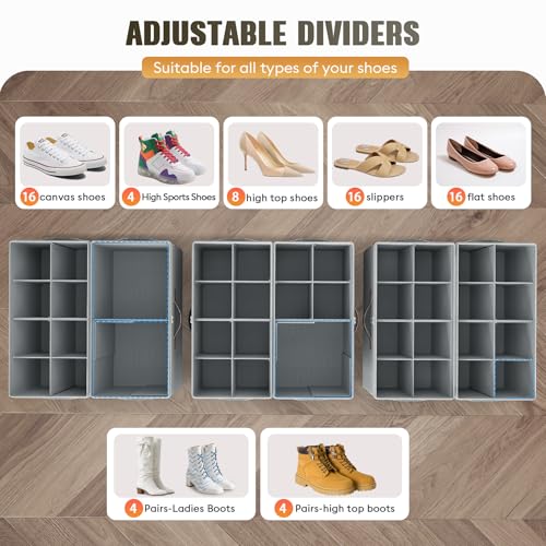 Budding Joy 2 Pack Shoe Organizer for Closet, Clear Foldable Shoe Storage Containers Adjustable Dividers Fits 16 Pairs,Shoe Storage Bins Baskets Boxes with Reinforced Handles Light grey - color: Light Gray
