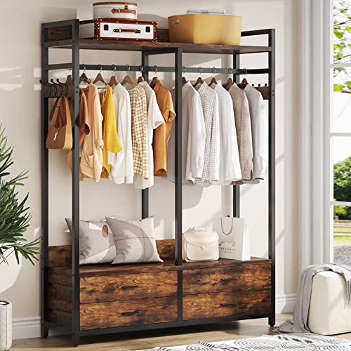 Tribesigns Freestanding Closet Organizer for Hanging Clothes, Heavy Duty Garment Rack with 4 Drawers, 8 Hooks and Storage Shelves, Wardrobe Closet Clothing Rack for Bedroom, Living Room, Rustic Brown - color: Rustic Brown