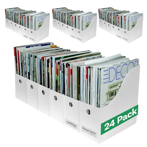 Evelots Magazine File Holder - Set of 24 White - Office Desk Organizer - Sturdy Cardboard - New Upgraded Double Front Panel for More Stability - Full 4 Inch Wide - Easy Assemble - color: White, size: Set of 24